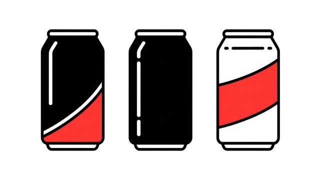Set of three minimalist beverage can vector icons with bold red and black graphic designs for refreshing drinks