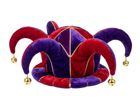 Velvet jester hat with bells in red and purple colors isolated on transparent background