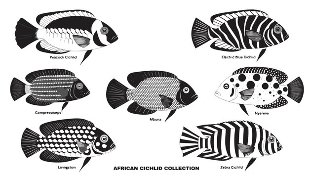 Very beautiful black and white realistic vector illustration of African cichlid collection, featuring a bold caption reading "AFRICAN CICHLID COLLECTION", Peacock Cichlid, Compressiceps, Livingstoni, 