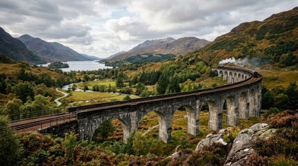 Naklejka premium Scenic train journey across stone viaduct in mountain landscape