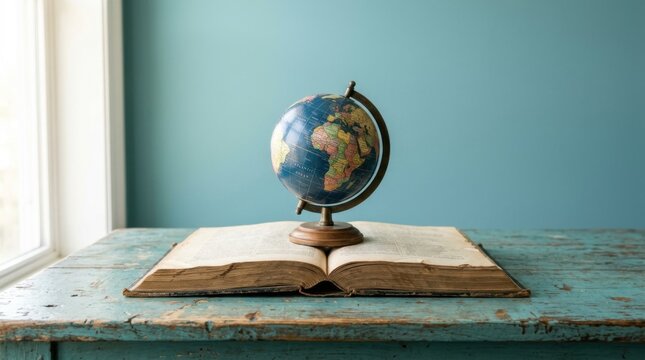 Vintage globe resting on an old open book on a distressed blue wooden table