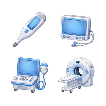 Blue medical devices and diagnostic technology icons