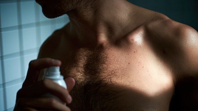 Man Applying Deodorant Spray to Chest in Bathroom.