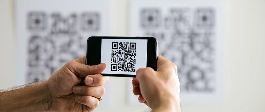 Person scanning a QR code with a smartphone, technology concept.