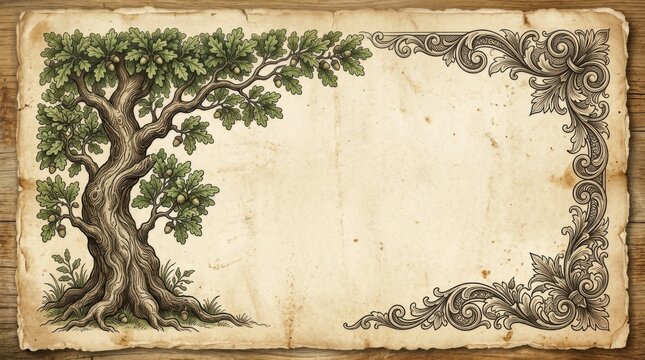 Vintage old parchment paper background with intricate tree illustrations forming a border