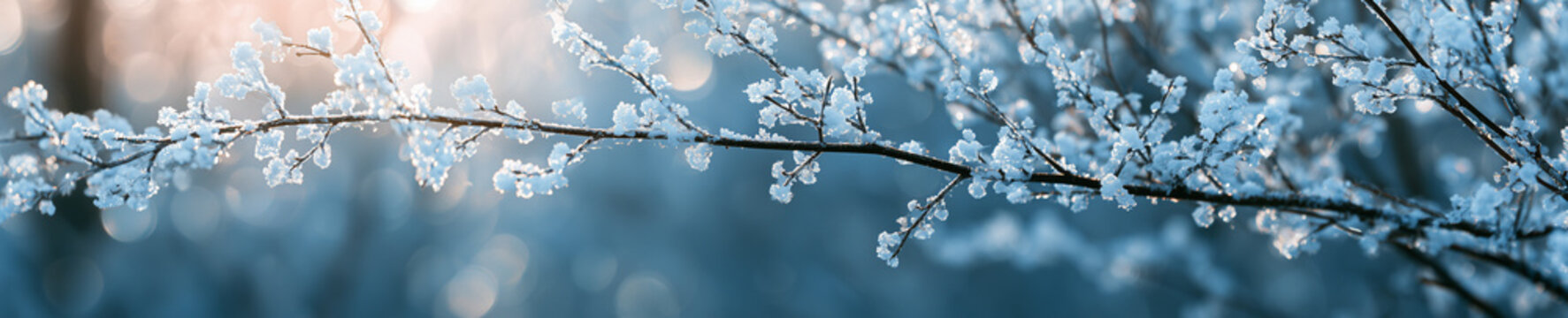 Delicate icy branches sparkling beneath soft winter sunlight, pastel blue and white color palette, dreamy bokeh background, minimalist Scandinavian winter aesthetic
