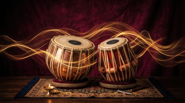 Magical glowing light trails wrapping around traditional indian tabla drums