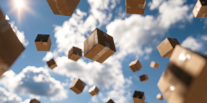 Cardboard boxes falling from the sky on a cloudy day.