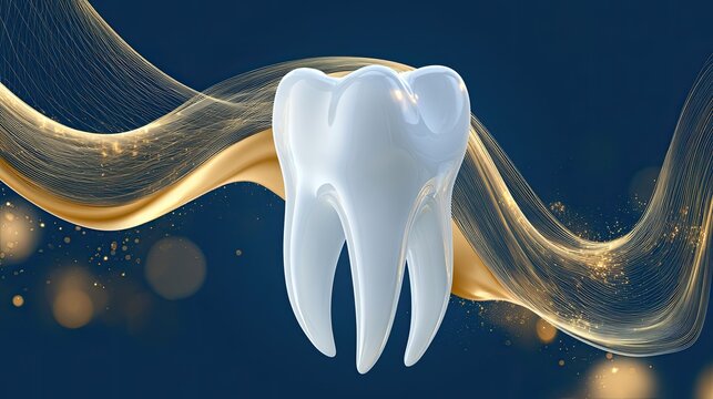 Abstract Representation of a Healthy Tooth with Golden Swirls.