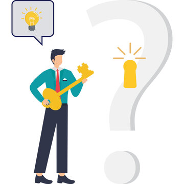 Flat illustration of businessman holding big key to unlock question mark keyhole as symbol of problem solving critical thinking and finding answers stock illustration