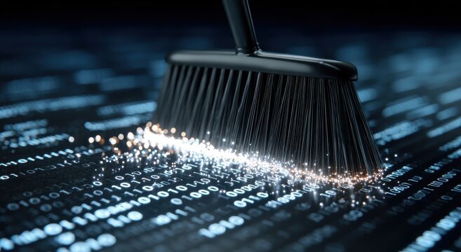 A broom sweeping binary code data on a digital screen. Concept of data cleaning.