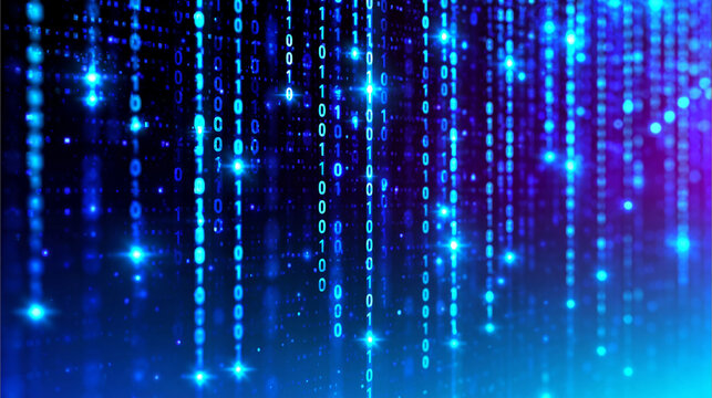 Digital data stream background with falling glowing blue binary code numbers