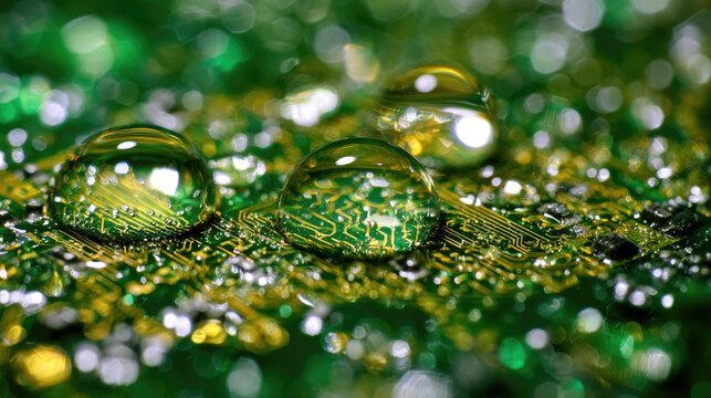 Macro shot of water droplets on a green leaf surface.