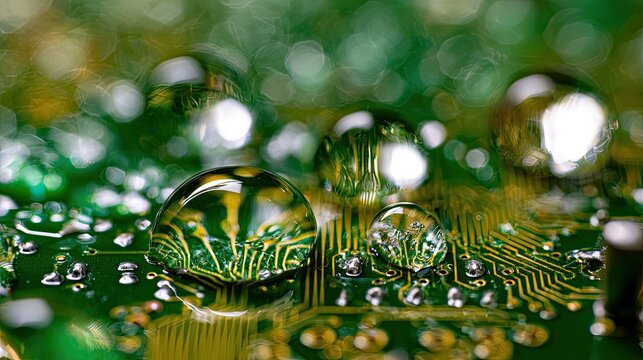 Macro View of Water Droplets on a Green Circuit Board.