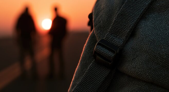 Two Silhouettes Walking Towards a Setting Sun with Backpack Strap in Foreground.