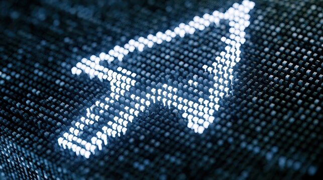 Digital Cursor Arrow Made of Glowing Blue Pixels on Dark Textured Background.