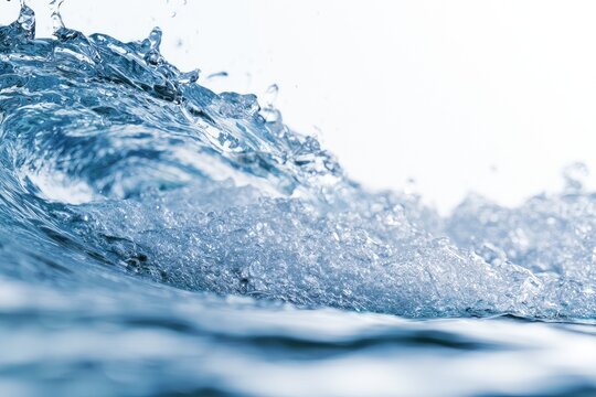 Close-up view of a clear blue water wave crashing with white foam and bubbles.