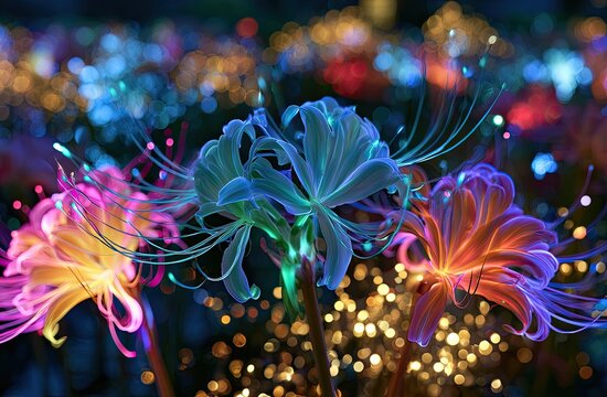Enchanting Bioluminescent Spider Lilies Illuminated at Night.