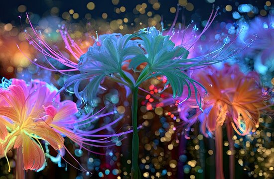 Enchanting Lycoris Radiata Flowers Illuminated by Vibrant Neon Lights.