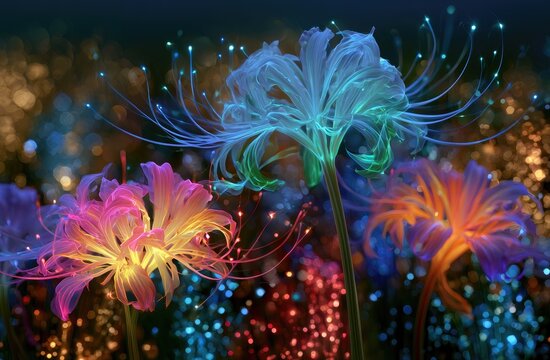 Enchanting Bioluminescent Spider Lilies in a Magical Night Garden.