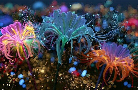Vibrant Bioluminescent Deep Sea Anemones Glowing in the Dark Ocean Abyss.