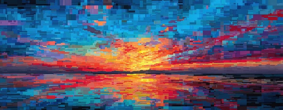 Colorful pixelated sunset over water