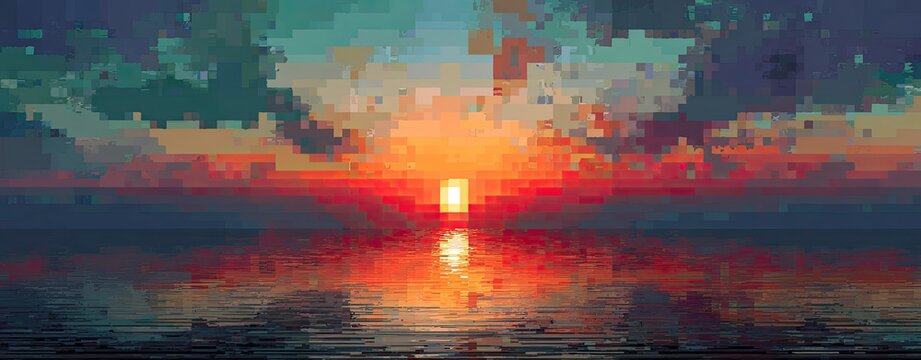 Pixelated sunset over water