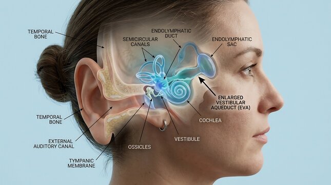 Anatomical profile depicts the inner ear structure highlighted within a human head on a soft background.