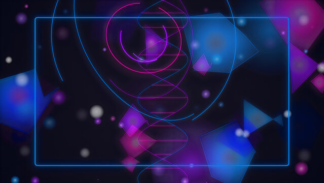 DNA helix structure with geometric shapes and neon frame during abstract science background