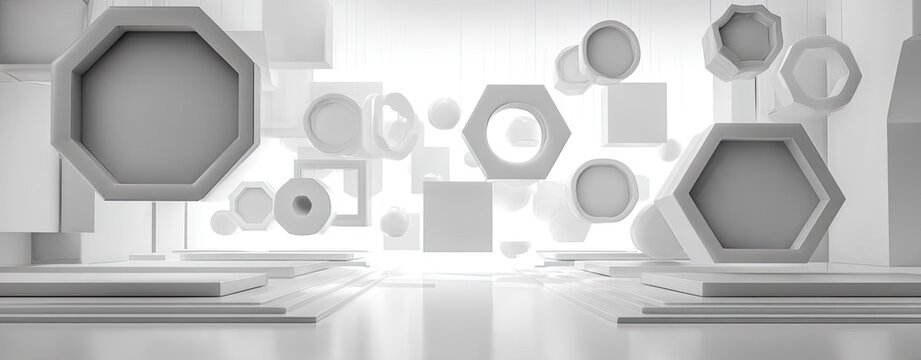Abstract white geometric shapes in a spacious interior