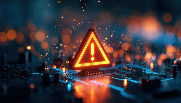 Glowing warning sign on a circuit board with sparks. Tech hazard and cybersecurity concept.
