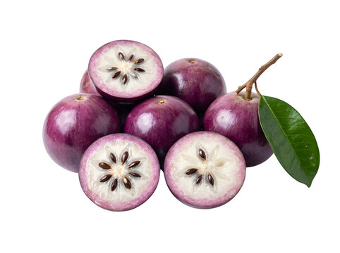 Fresh whole and sliced purple star apple fruit with green leaf isolated on transparent background