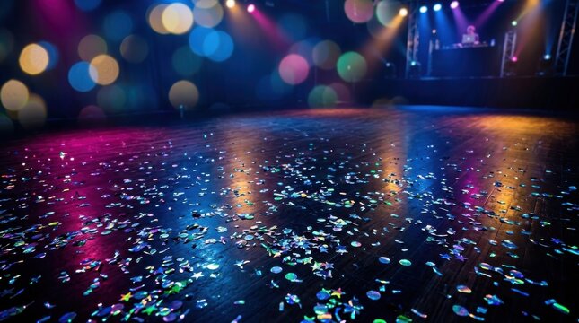 Empty dance floor covered in colorful confetti with bright stage lights and bokeh background at a nightclub party