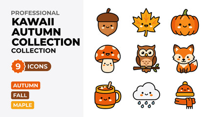 Fototapeta premium Kawaii Autumn Icons Collection With Cute Fox Owl Acorn Maple Leaf Pumpkin Mushroom
