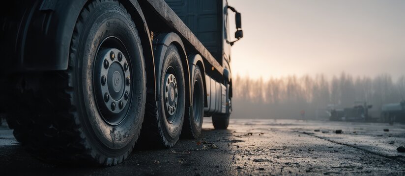 A close up of a large heavy truck wheels parked on industrial terrain during morning. Ideal for logistics.