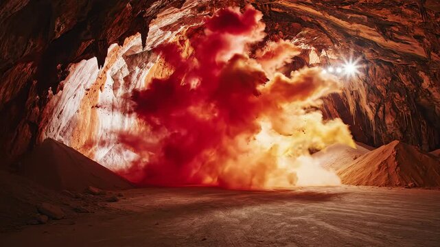 Red smoke explosion inside a rocky cave interior
