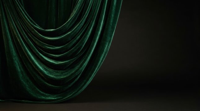 Luxurious deep green velvet curtain draped elegantly against a dark background creating a dramatic theatrical stage effect
