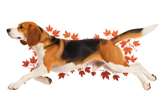 Beagle Dog Running Through Autumn Leaves