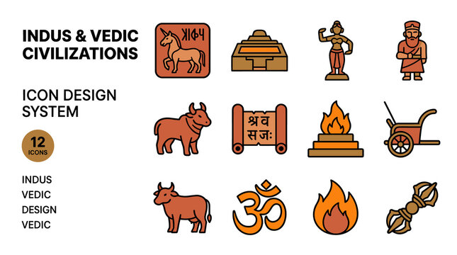 Indus Valley Civilization And Vedic Period Icon Set With Symbols Of Culture