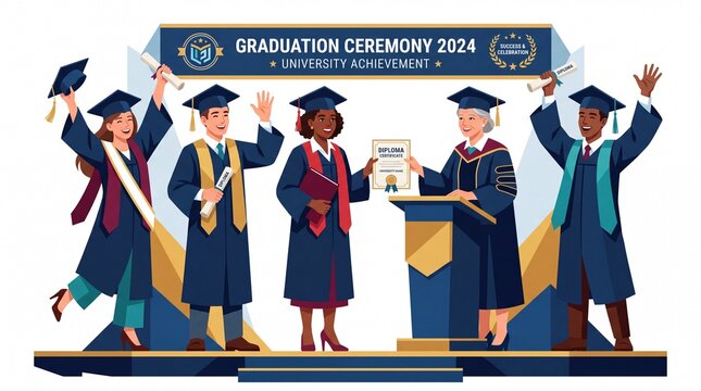 Group of Smiling Graduate Students and Business People Holding Hands Celebrating Academic Achievement Success and Teamwork Vector Illustration