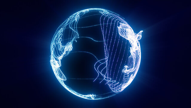 Glowing blue abstract sphere formed by flowing light trails and fine digital lines on a dark background, symbolizing futuristic energy and data motion.