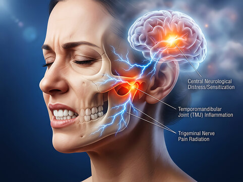 3 d of tmj pain radiating to facial nerves and brain woman face