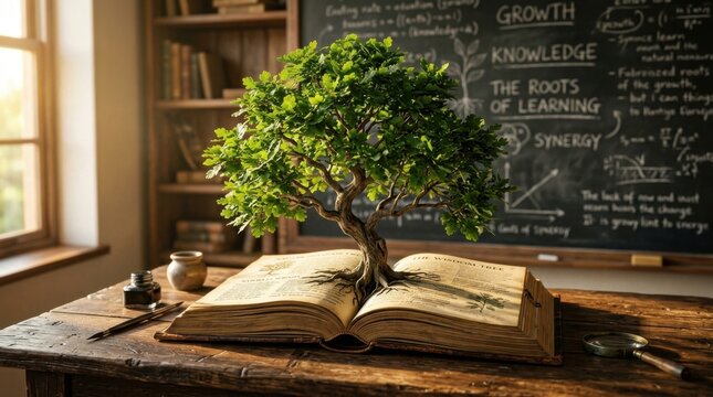 Small green tree growing out of an open vintage book on a wooden desk knowledge growth concept
