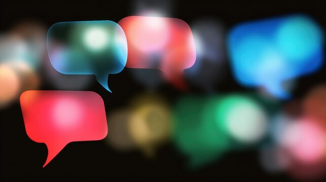 Colorful speech bubbles on a dark background create a lively atmosphere of conversation and communication in a digital space