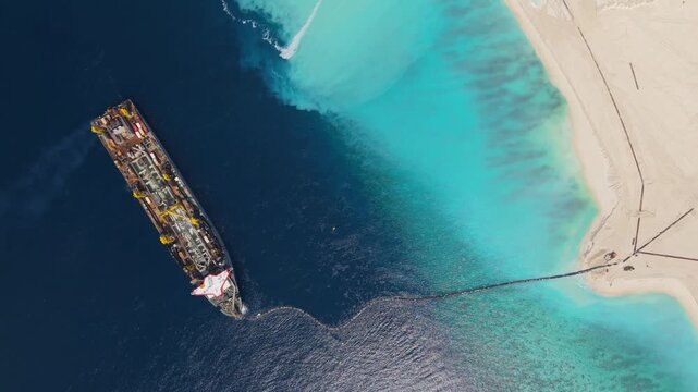 Aerial view of a large dredging ship connected to a sandy beach by a long pipeline in the turquoise waters Dhidhdhoo, Thiladhunmathee Uthur, Maldives.