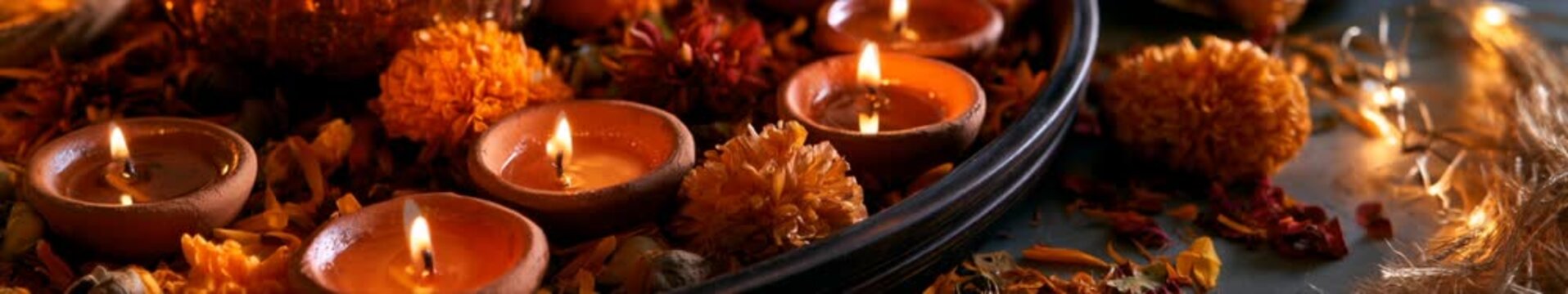 Panoramic Seamless Loop of Glowing Clay Oil Lamps and Marigold Flowers in a Warm Festive Ritual Setting