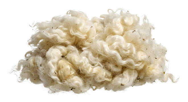 Fluffy raw white wool fleece clump with organic debris
