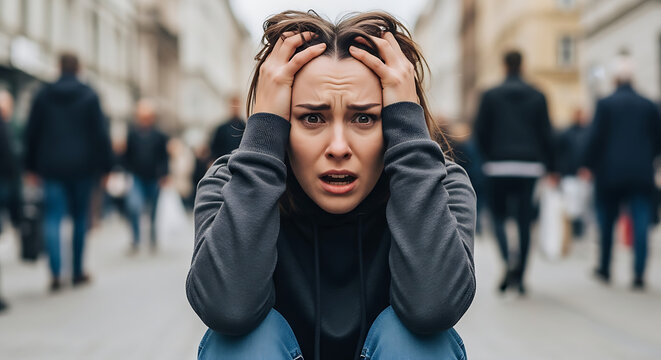 Woman experiences intense emotional distress while sitting alone in a crowded urban street surrounded by busy pedestrians who remain unaware of her personal struggle.
