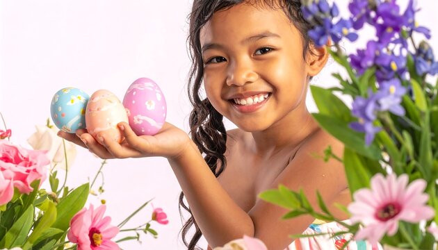 Decorated Easter Eggs Held in Hands Amid Blooming Garden on Light Pastel Background, Spring Holiday Celebration, Tradition and Seasonal Joy Concept