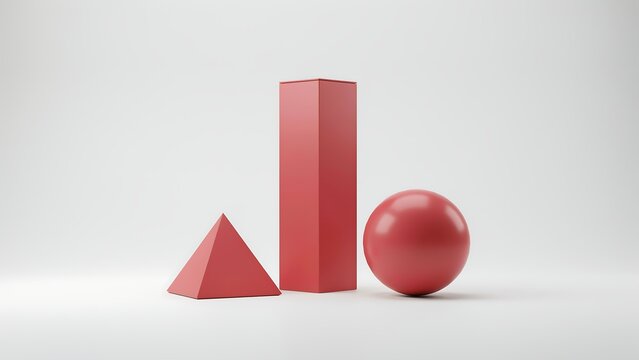 Minimalist 3D Red Geometric Shapes Arranged On A Neutral White Background